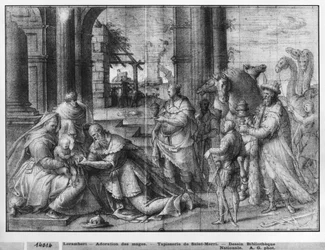 Leben Christi, Anbetung der Heiligen Drei Könige, Vorbereitungsstudie für den Wandteppich der Kirche Saint-Merri in Paris, ca. 1585-90